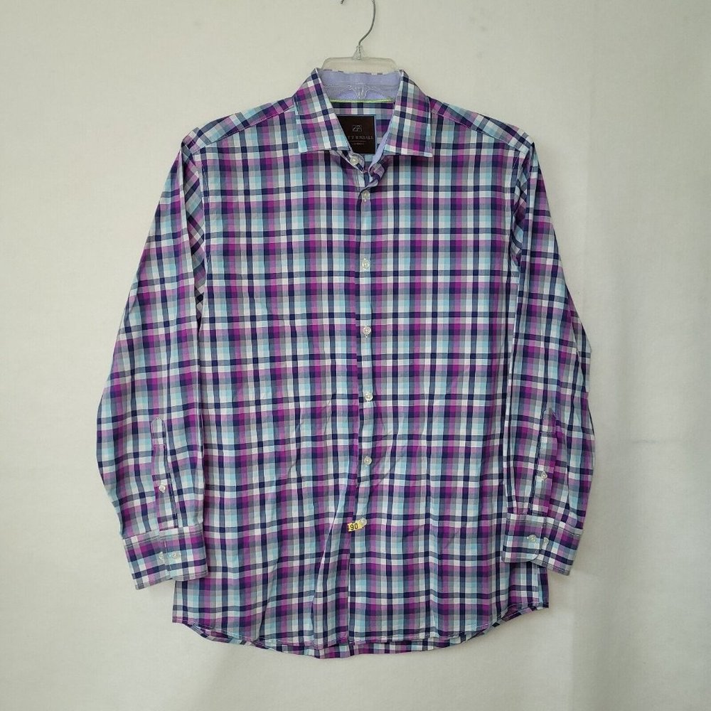 Tattersall London Shirt Men 16.5x32-33 Long Sleeve Button-Up Spread Collar *Flaw